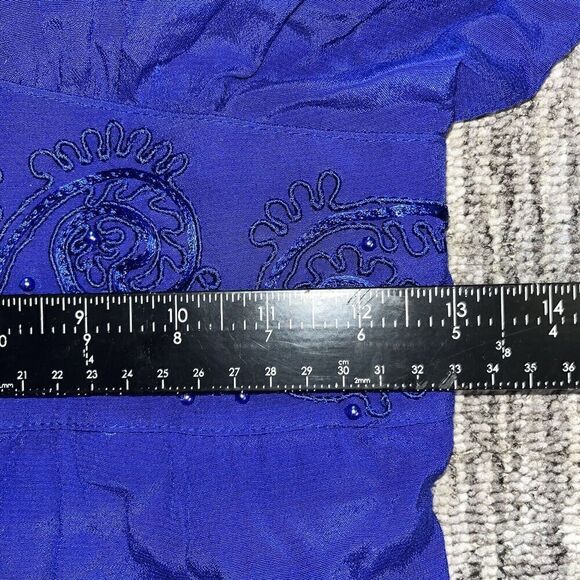 VTG 90s Karin Stevens Dress Blue Midi LS Embroidery Beads Secretary Geek - Picture 10 of 14